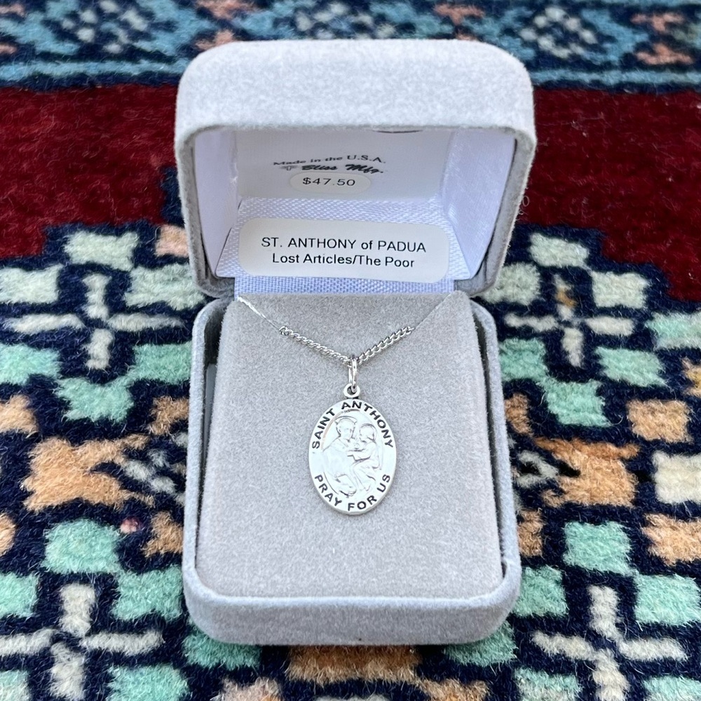 Saint Anthony of Padua Sterling Silver Religious Medal Necklace 18” Lite Chain